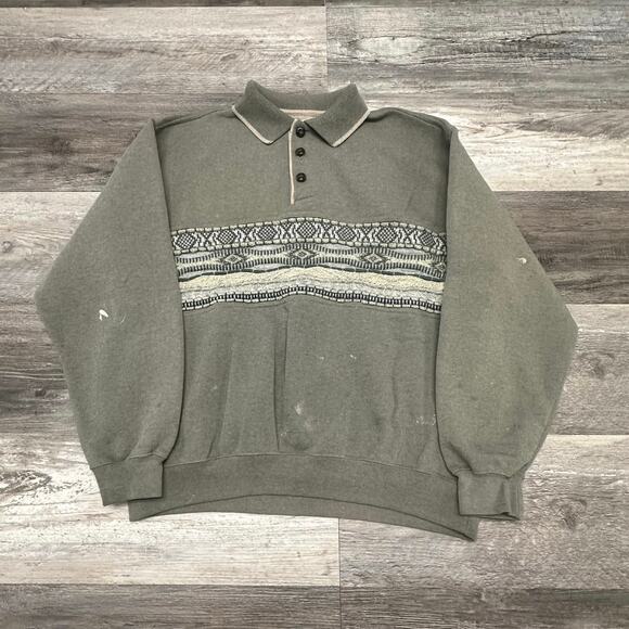 Vintage 90s Norm Thompson Green Cream Mens‎ M Coogi Style Collared Sweatshirt - Picture 2 of 8